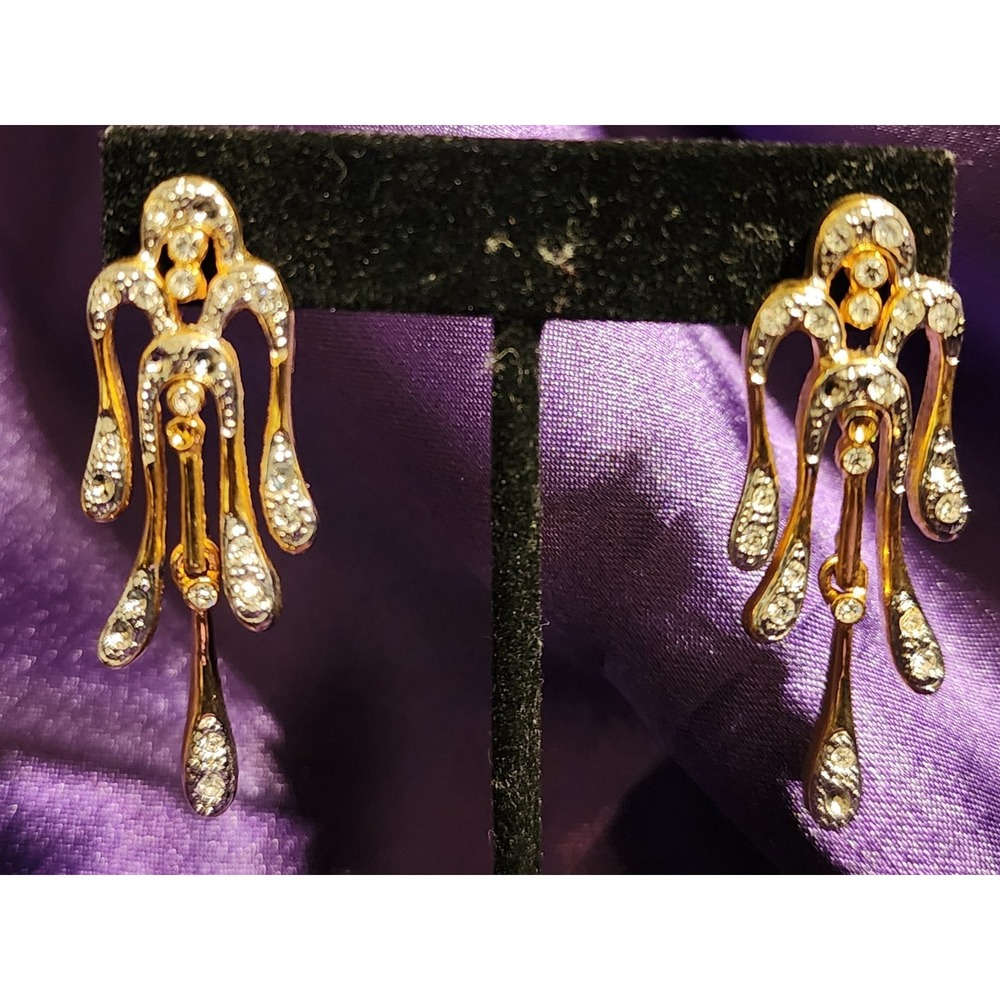 VTG Gold Tone Melted Drip Statement Heavy Necklace and Earrings Rhinestone Set - Picture 3 of 12